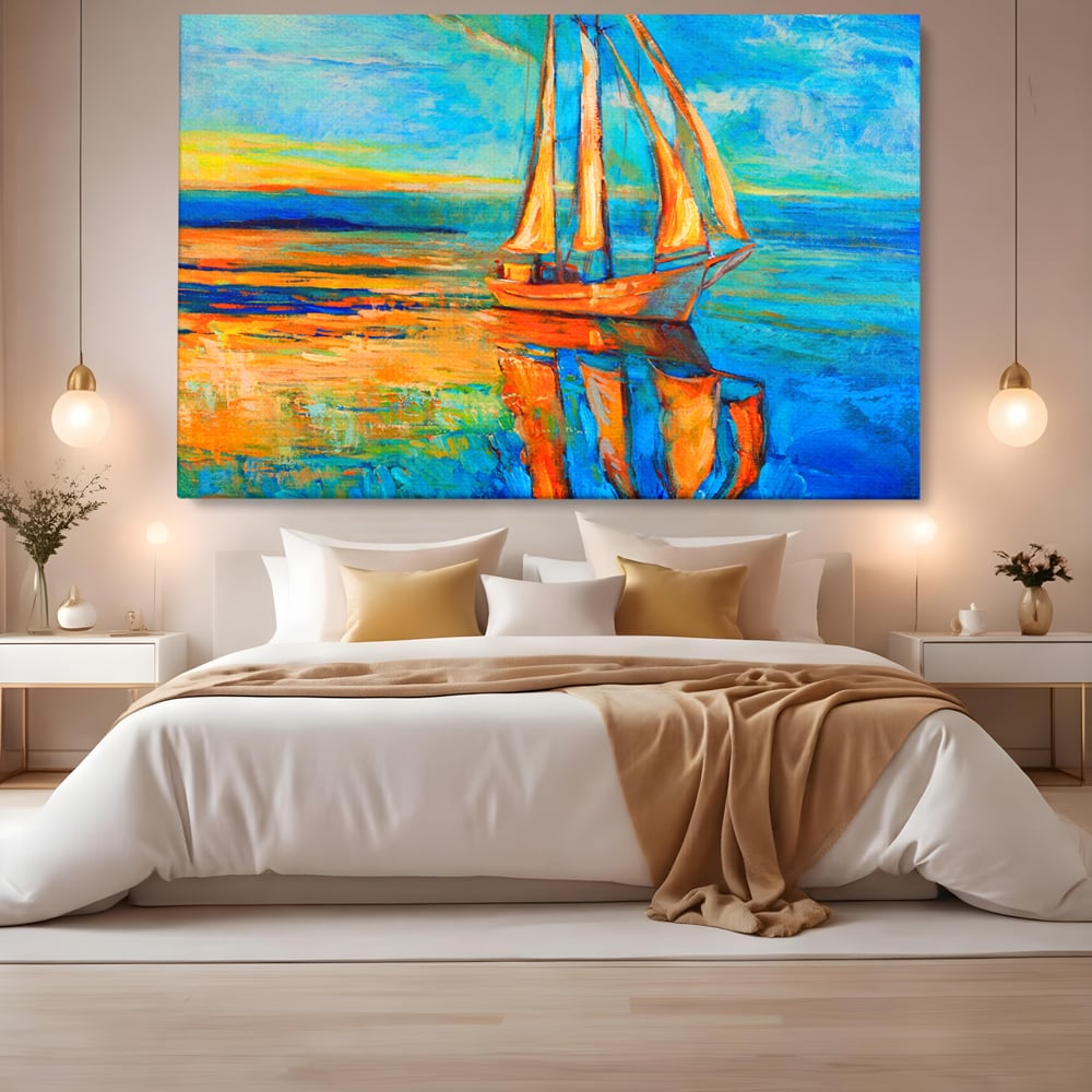 Tablou canvas cu tablou canvas cu barca cu panze pe marea portocalie, fara rama, pe sasiu de lemn, pe perete intr-un dormitor